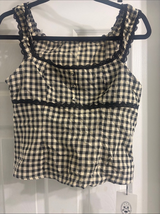 Cider Tops - Cider Black & Cream Gingham Lace-Trim Square Neck Camisole